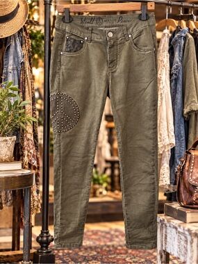 Bianco World Peace Olive Studded Peace Sign Pants Size 26 Y2K Boho